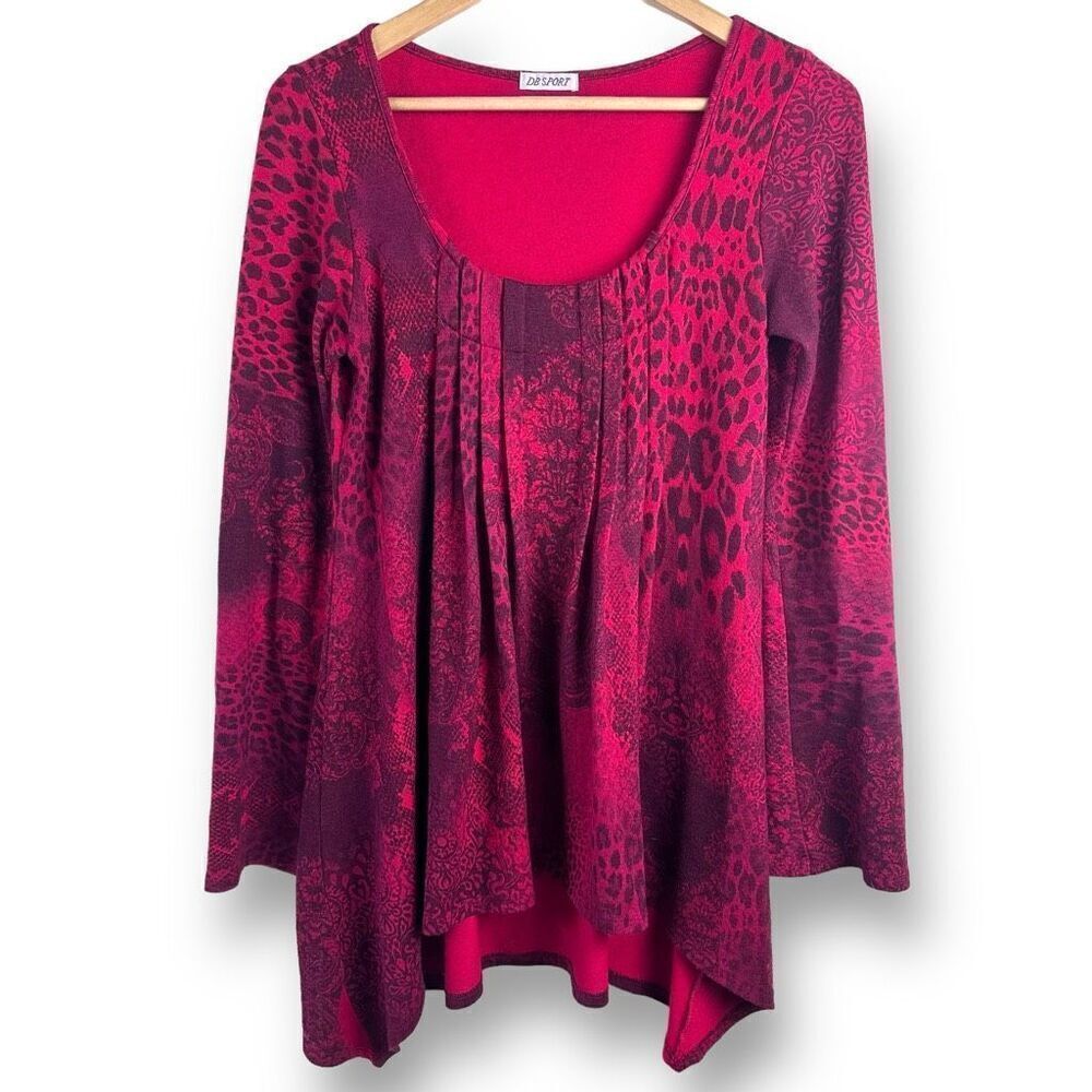 DB Sport Women'sโ S FlareโSleeve Blouse Red Purple Mix Animal Print Hi Low Tunic